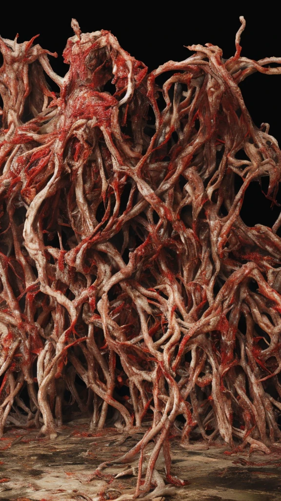 A bizarre, unsettling scene of a reality constructed entirely from meat, flesh, organs, and blood. The landscape is a grotesque mix of limbs, entrails, and veins that form a twisted, nightmare-like environment. Distorted humanoid figures made of flesh and blood are seen wandering through this macabre world, their expressions a mix of horror and confusion.
