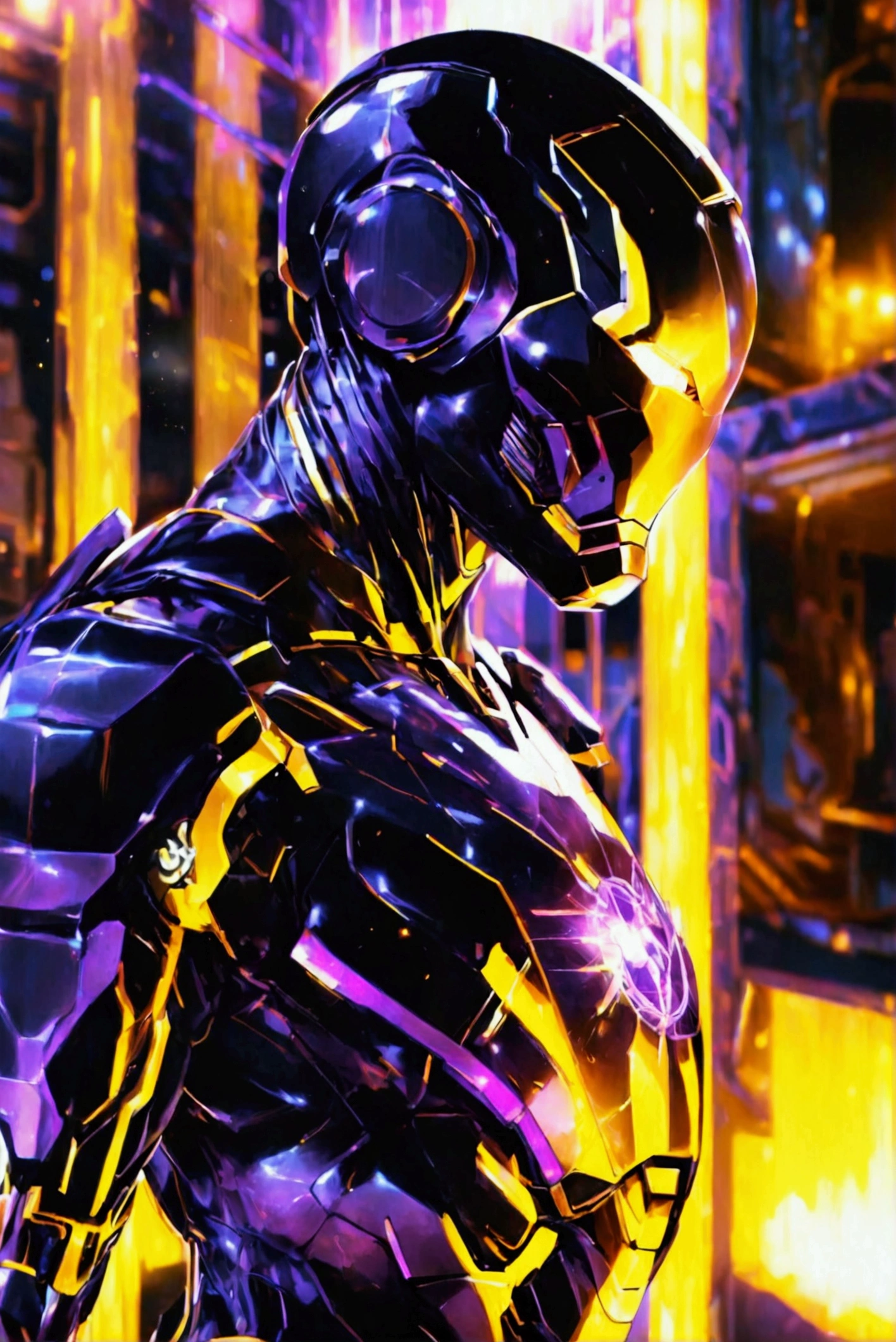 High-tech theme,purple and black suit colors, helmet,Marvel Yellowjacket Aesthetics,Iron Man Aesthetics, Full body model Stark technological legacy MK 16 agile black stealth armor「Nightclub」(Nightclub) Ethereal and mecha bodies 【Network package】 A combat suit inspired by a futuristic laboratory