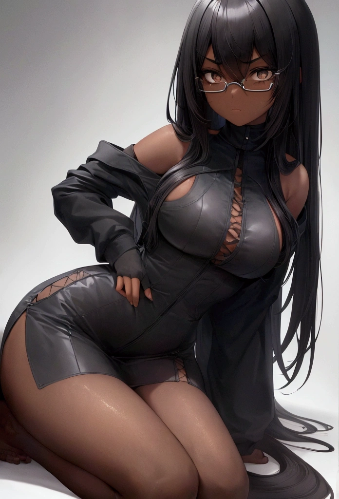 A girl with dark skin, with long black hair with bangs falling to her eyes, black eyes with black square glasses, with a serious expression on her face.