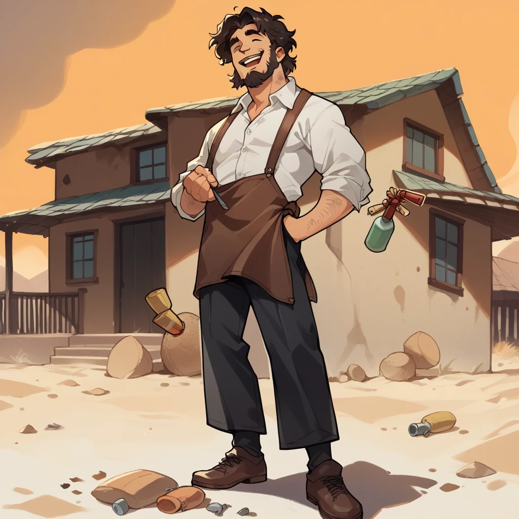 score_9, score_8_up, score_7_up, score_6_up, score_5_up, score_4_up, 1man, Western, black wavy Messy hair, burnt hair, Leather apron, White button-down shirt, black pants patched, Failed beard, young adult, Thin, full body, Holding a Dynamite bomb, outside a house in the desert, Dirty with soot, Laughing, explosives, dynamite, Hunchback, Poorly groomed beard, failed beard