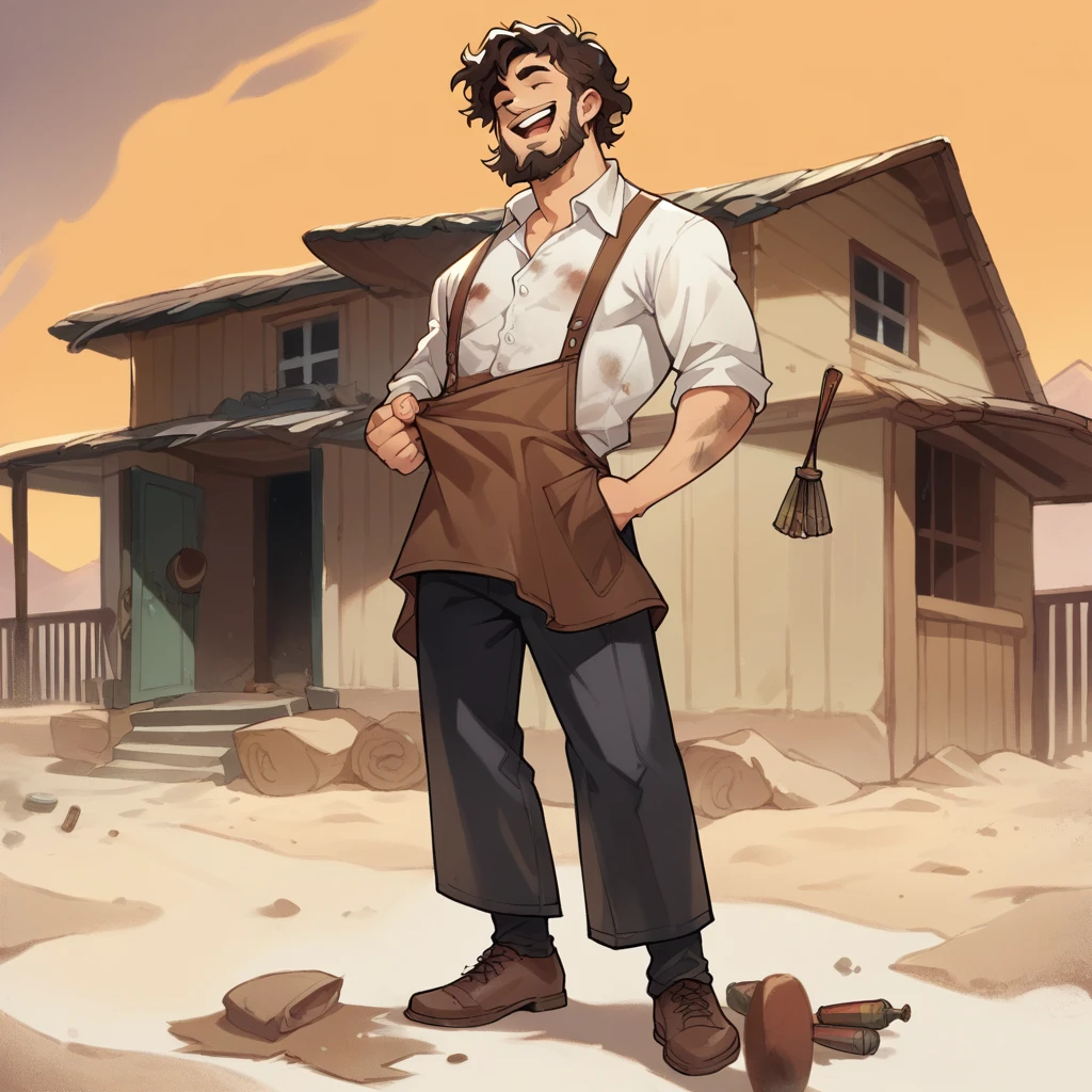 score_9, score_8_up, score_7_up, score_6_up, score_5_up, score_4_up, 1man, Western, black wavy Messy hair, burnt hair, Leather apron, White button-down shirt, black pants patched, Failed beard, young adult, Thin, full body, Holding a Dynamite bomb, outside a house in the desert, Dirty with soot, Laughing, explosives, dynamite, Hunchback, Poorly groomed beard, failed beard