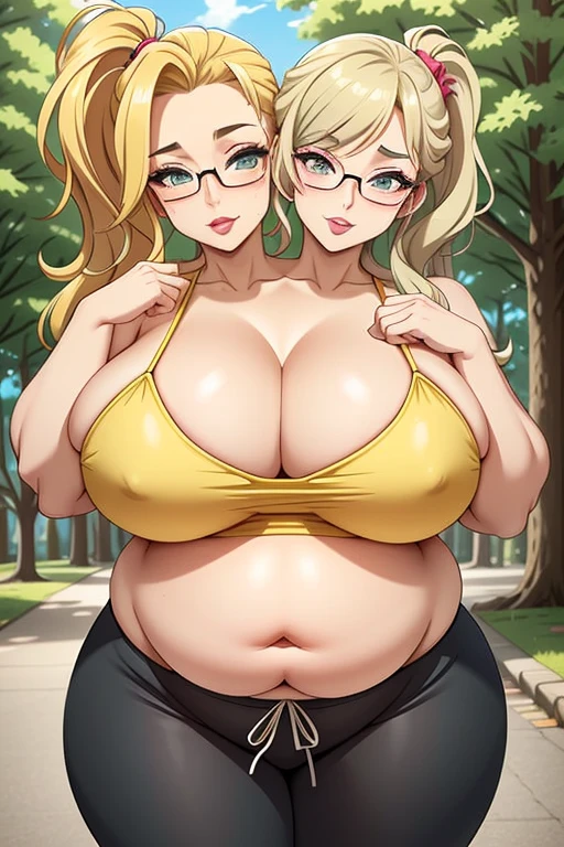 2heads, an overweight woman with 2 heads. She is in a park with trees on a sunny day. She is wearing a tiny yellow bikini top, wearing sweatpants. She has blonde hair in a ponytail. She is wearing glasses. Deep cleavage. She looks mature. She is blushing. She looks seductive and lustful. She has big fat perky lips. She is wearing lipstick. She is extremely fat. She has gigantic breasts. Her lips are big and seductive. She is winking. She is tall. She is a milf. Hard nipples.