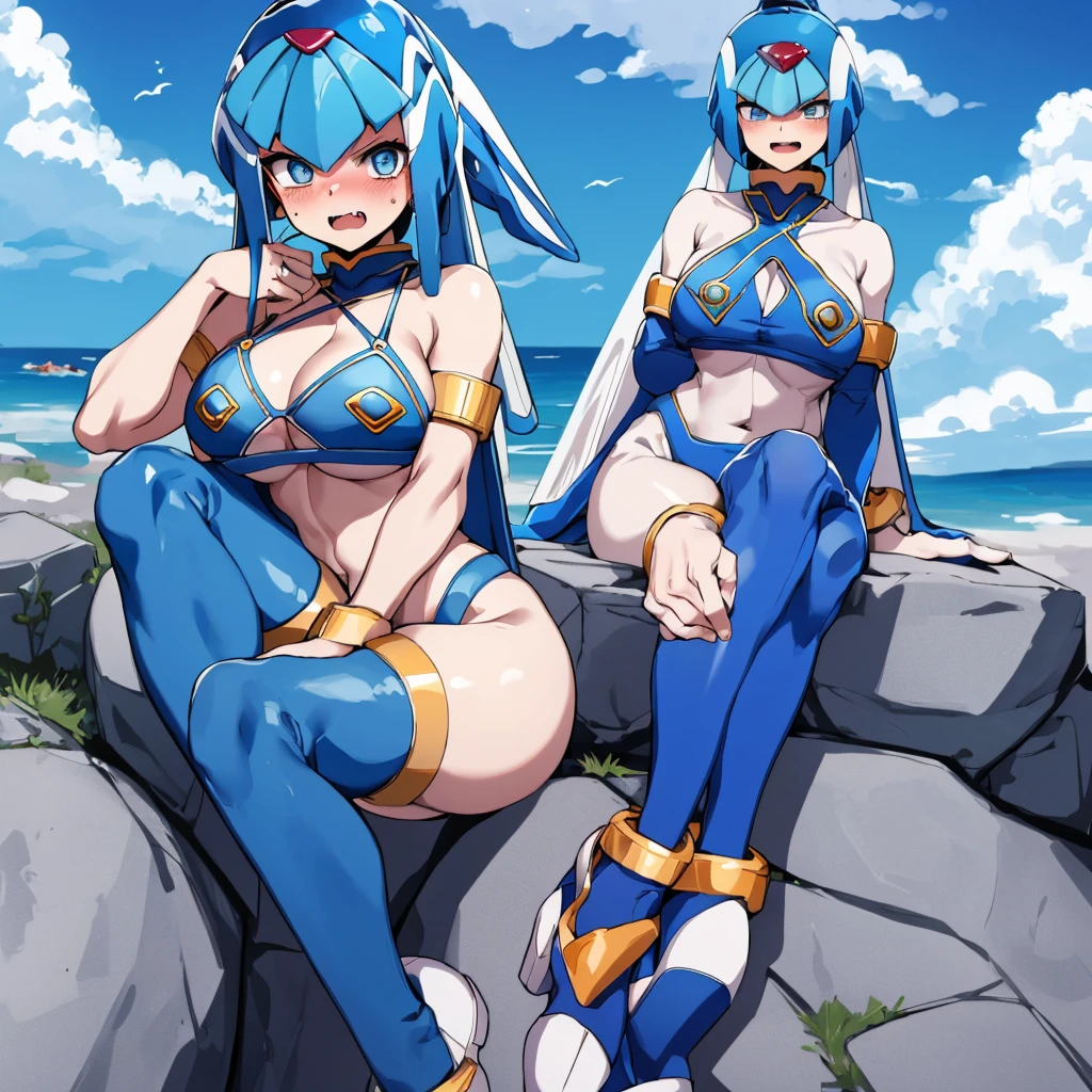 Leviathan_Megamanz, 1 Girl ,Looking at the viewer , blue hair, Blue eyes,Clouds background , Blushed, Wedding ring, Glasses, Sitting on top of a rock , Blue Micro bikini , Shark fangs, mouth open , Face Only