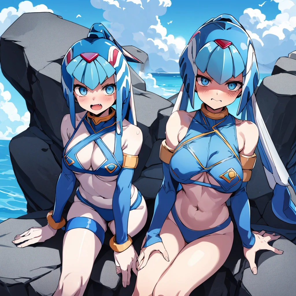 Leviathan_Megamanz, 1 Girl ,Looking at the viewer , blue hair, Blue eyes,Clouds background , Blushed, Wedding ring, Glasses, Sitting on top of a rock , Blue Micro bikini , Shark fangs, mouth open , Face Only