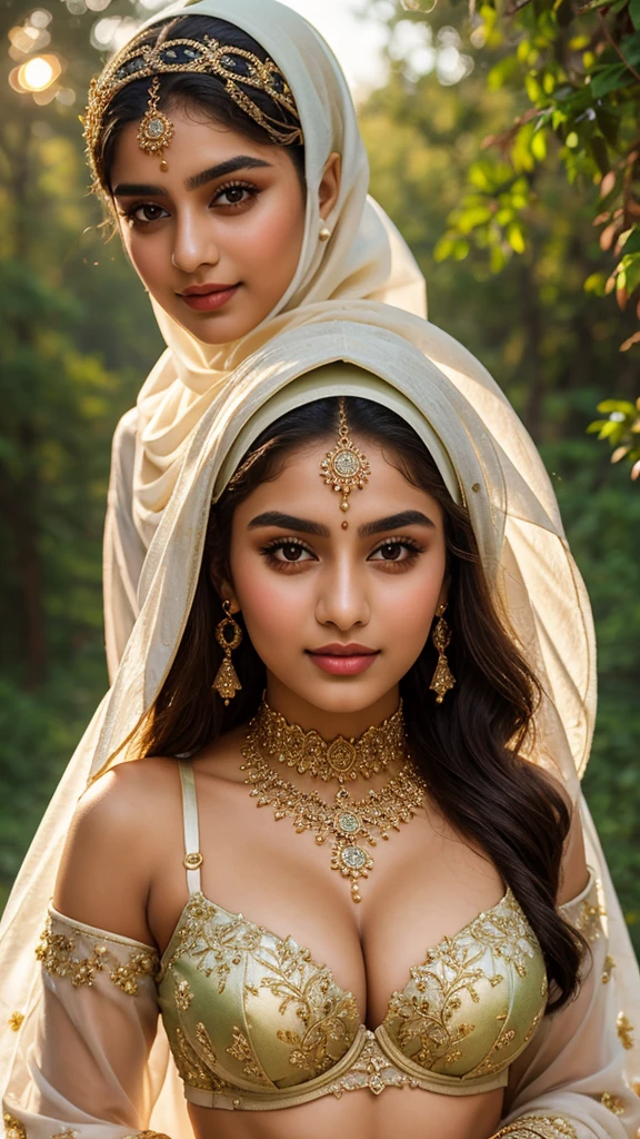 underboob,RAW, Best quality, high resolution, masterpiece: 1.3), beautiful Pakistani teen in hijab, Masterpiece, perfect slim fit body, big Huge breast, big gorgeous eyes, Soft smile,a close up of a woman, wearing beautiful bra, beautiful design, hijab, rustic, very beautiful elegan style, beautiful masterpiece, fine details, wearing gorgeous clothing, choker , necklace, hairband, forest, lighting, Bright colors, Clean lines