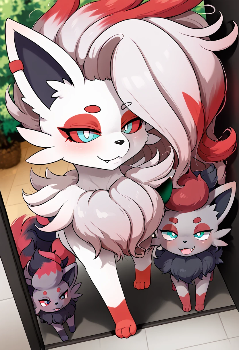 by：hirochanu，hisuian zorua，white fur,pokemon,red markings,
