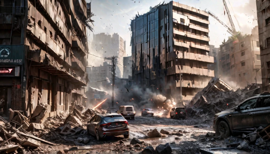 A city under attack, buildings flying and being slashed, destruction everywhere, ashes and dust flying, everything falling and being completely cleaved, (best quality,4k,8k,highres,masterpiece:1.2),ultra-detailed,(realistic,photorealistic,photo-realistic:1.37),cinematic, dramatic lighting, apocalyptic, dystopian, debris, rubble, chaos, war, explosive, dark, gritty, white line slashes, everything being multi-cleaved