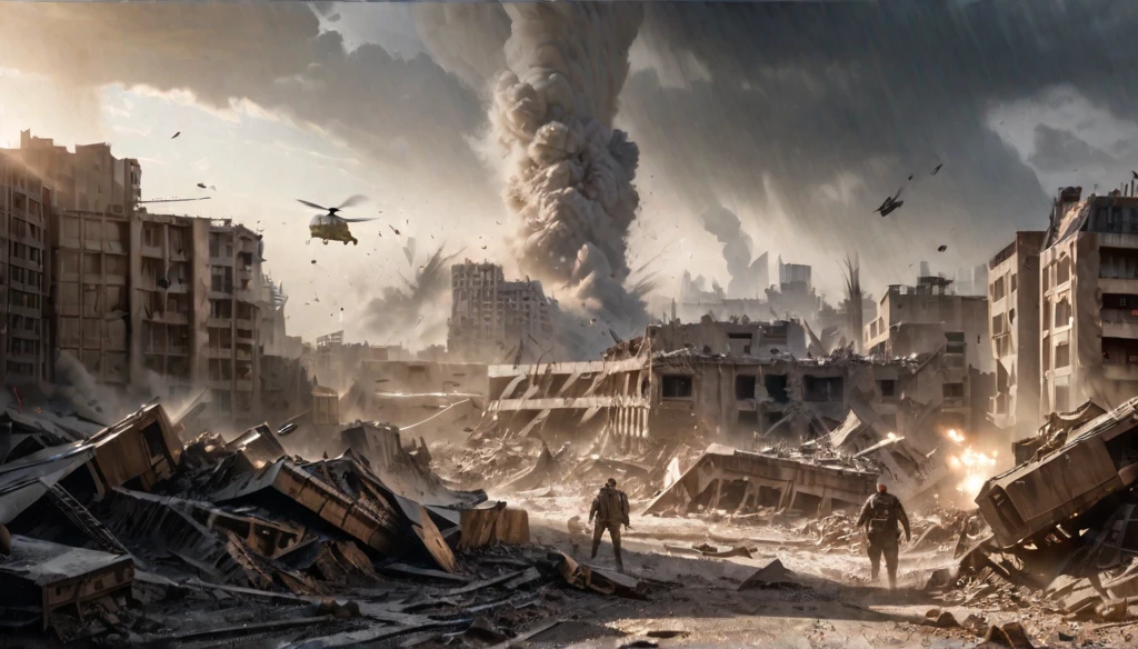 A city under attack, buildings flying and being slashed, destruction everywhere, ashes and dust flying, everything falling and being completely cleaved, (best quality,4k,8k,highres,masterpiece:1.2),ultra-detailed,(realistic,photorealistic,photo-realistic:1.37),cinematic, dramatic lighting, apocalyptic, dystopian, debris, rubble, chaos, war, explosive, dark, gritty, white line slashes, everything being multi-cleaved