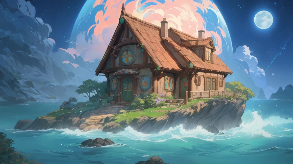 realisitic, real-life, beautiful hobbit house on the hill, estilo de Laurie Greasley, Studio Ghibli, toriyama akira, James Gillard, impacto genshin, pixiv fanbox trends, acrylic palette knife, 4K, swirly vibrant colors, devinart, trends on artstation