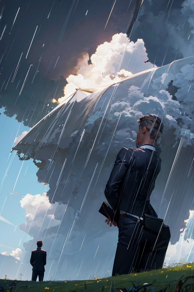 men with with white shirt and black pant standing far on the grass landscape watching huge sky while its raining, detailed men, detailed sky, detailed rain, detailed grass, best quality, highly detailed, masterpiece, 8k scene.