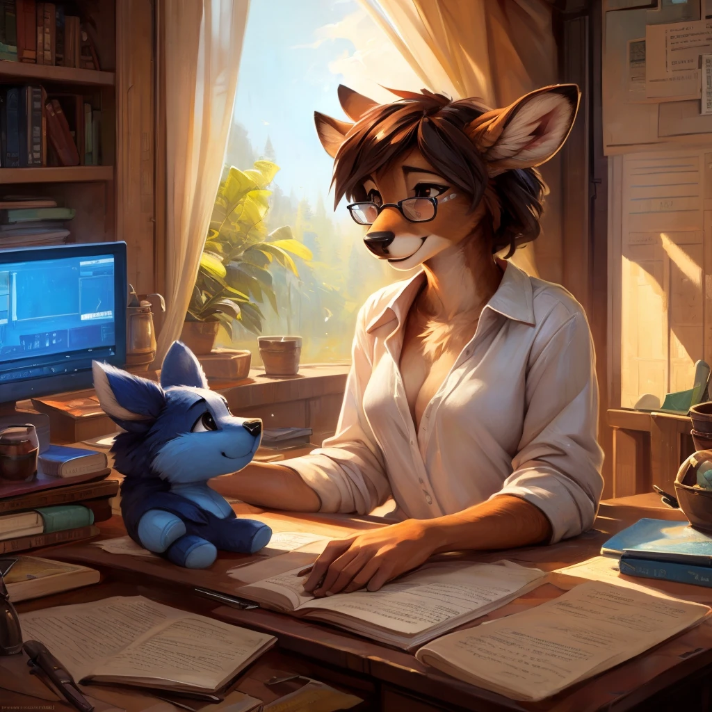 uploaded on e621, by Pixelsketcher, by Bayard Wu, by Thomas Benjamin Kennington , by Einshelm, by hioshiru and kenket, Chunie, portrait, solo anthro female deer doe, with small featureless breasts, clear dark blue, cinematic lighting, day, sunny day, Workspace, sitting at a desk, Workspace background, shiny, shoulder long curly dark brown hair, wears big black nerd glasses, very very beautiful furry art, furry art, smiling, joyful, shiny, happy, feminine, cute face, muzzle, fluffy chest, flawless face, Fallow deer, 1girl, Sakimichan is beautiful, Masterpiece, Wavethesallow Face, shiny, Detailed image, portrait, Detailed image, portrait, full body, wearing wide, long, white blouse, shiny, realistic face, perfect anatomy, hourglass body, (furry body:1.1), anthropomorphic deer, small fluffy tail, detailed background, (cute anatomy:1.1), focused on work, sewing a plushie, working on a plushie
