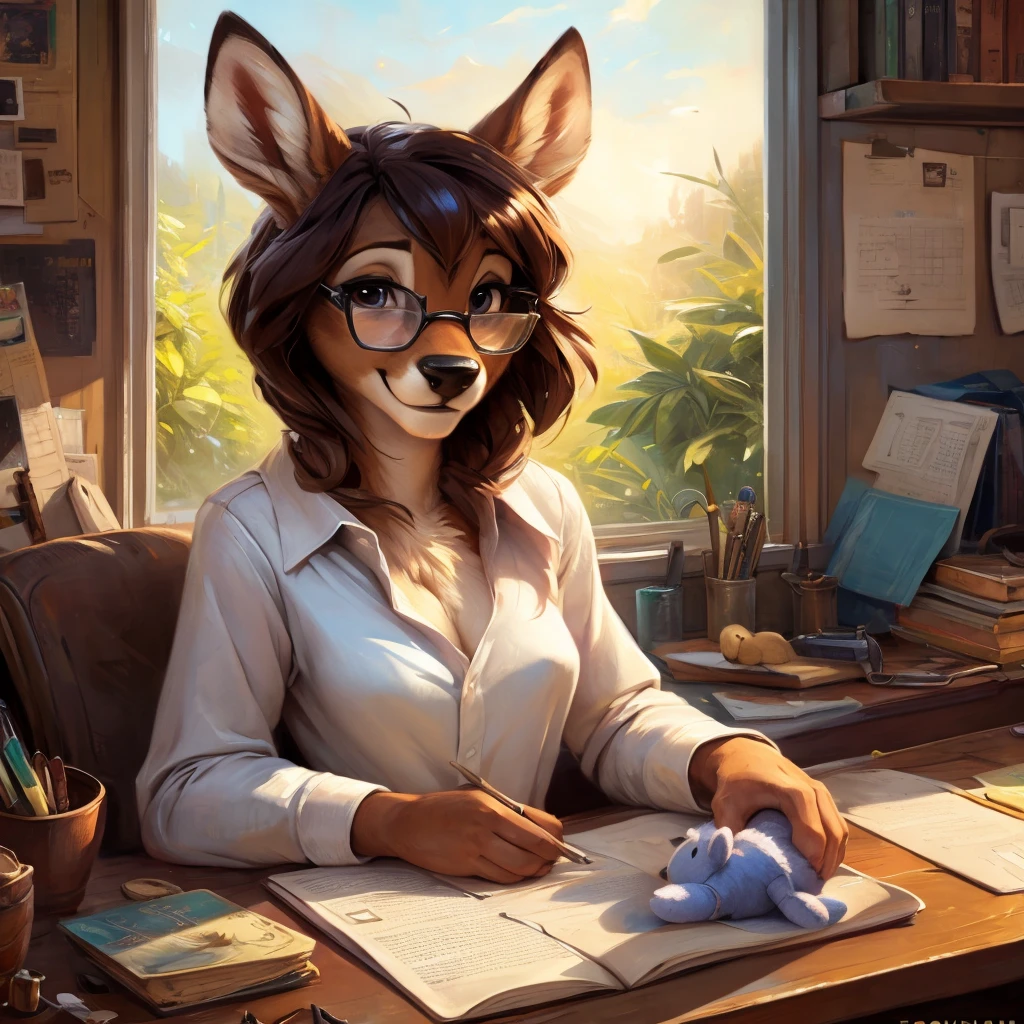 uploaded on e621, by Pixelsketcher, by Bayard Wu, by Thomas Benjamin Kennington , by Einshelm, by hioshiru and kenket, Chunie, portrait, solo anthro female deer doe, with small featureless breasts, clear dark blue, cinematic lighting, day, sunny day, Workspace, sitting at a desk, Workspace background, shiny, shoulder long curly dark brown hair, wears big black nerd glasses, very very beautiful furry art, furry art, smiling, joyful, shiny, happy, feminine, cute face, muzzle, fluffy chest, flawless face, Fallow deer, 1girl, Sakimichan is beautiful, Masterpiece, Wavethesallow Face, shiny, Detailed image, portrait, Detailed image, portrait, full body, wearing wide, long, white blouse, shiny, realistic face, perfect anatomy, hourglass body, (furry body:1.1), anthropomorphic deer, small fluffy tail, detailed background, (cute anatomy:1.1), focused on work, sewing a plushie, working on a plushie
