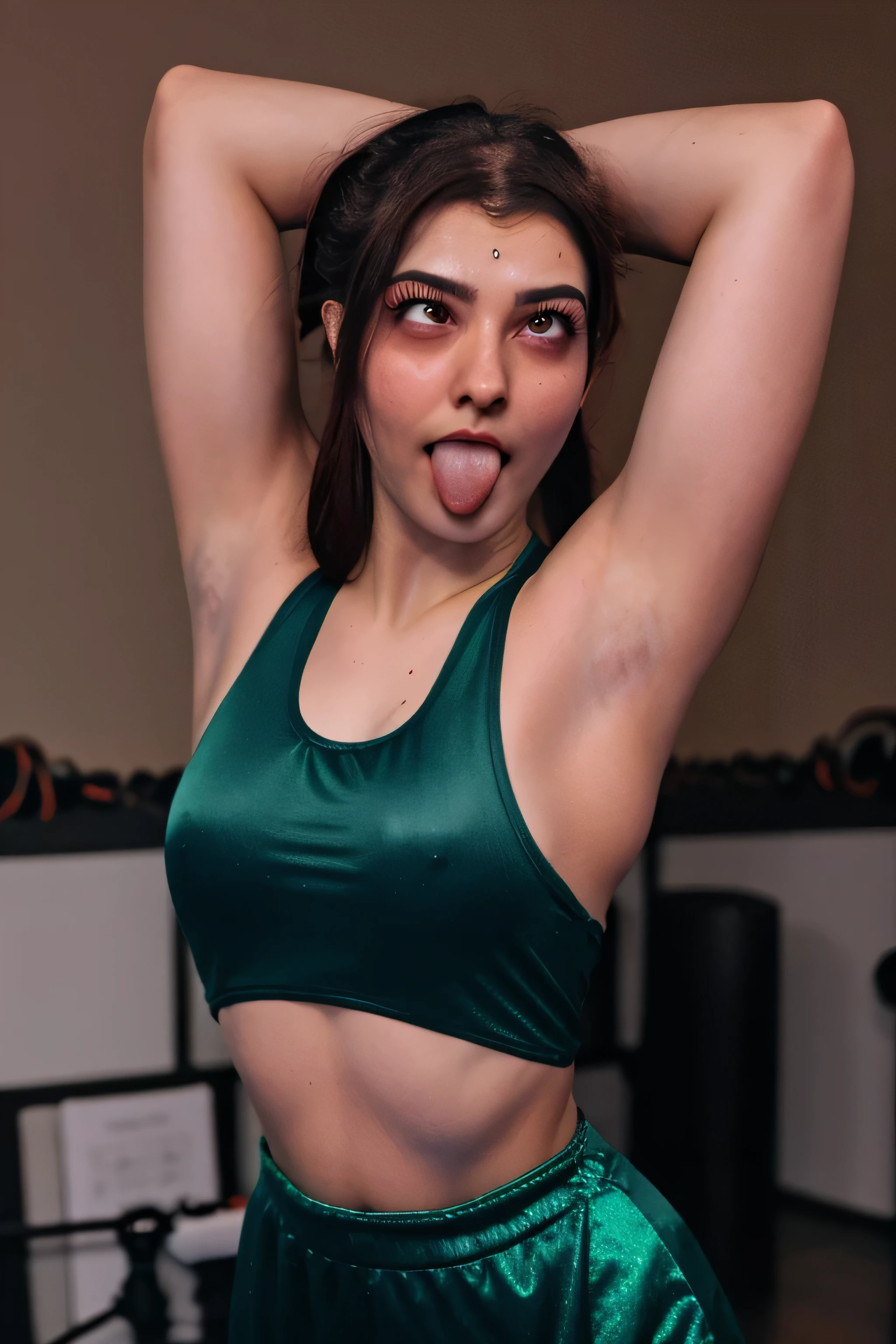 Looks like Kajal Aggarwal,31 year old woman,not too skinny,slightly chubby ,studio quality ,arms up,armpits, armpits,sweat,sweaty,sweaty armpits,awesome armpits,sweating ,sleeveless,exhausted,tired,boxing gloves,maroon blouse,Amber outfit,wearing boxing gloves on both hands,arms raised,very tired,sweating,arms raised,both arms raised,sweaty