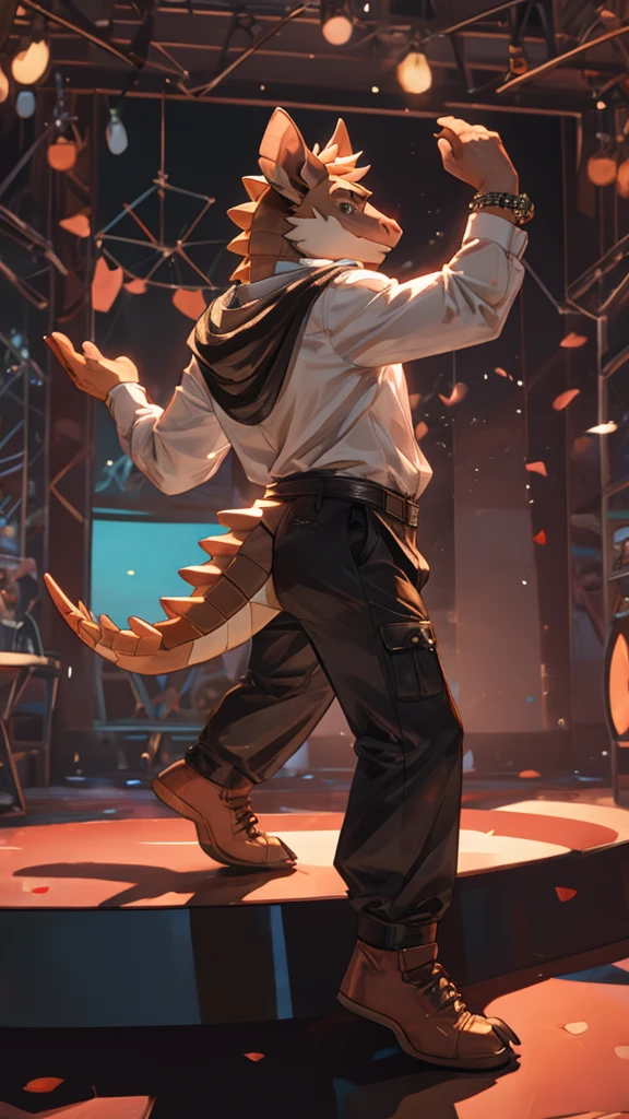 A male furry armadillo wearing urban clothes, calmly dancing a choreography