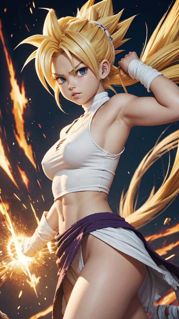 Dragonball Z, super Sayan warrior, 13 year old girl. White Clothing tattered from battle. NSFW