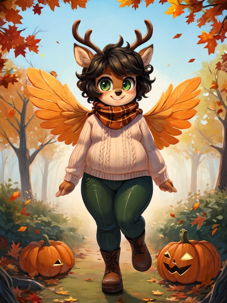 Cute, deer boy, small deer antlers, innocent, chubby, fat, big thighs, androgynous, femboy, short curly hair, black hair, fawn spots, freakles, ((cute)), smiling, wearing cottage core outfit, pastel color scheme, young, cartoony, adorable, deer tail, moss green eyes, angel wings, wearing a chunky knit sweater in a warm, earthy tone like burnt orange or mustard yellow and high-waisted corduroy pants in a deep brown or olive green with ankle boots in a rich leather brown and a plaid scarf in complementary colors, dynamic pose, autumn, fallen leaves, autumn colors, walking through the woods during autumn, pumpkins, orange leaves,