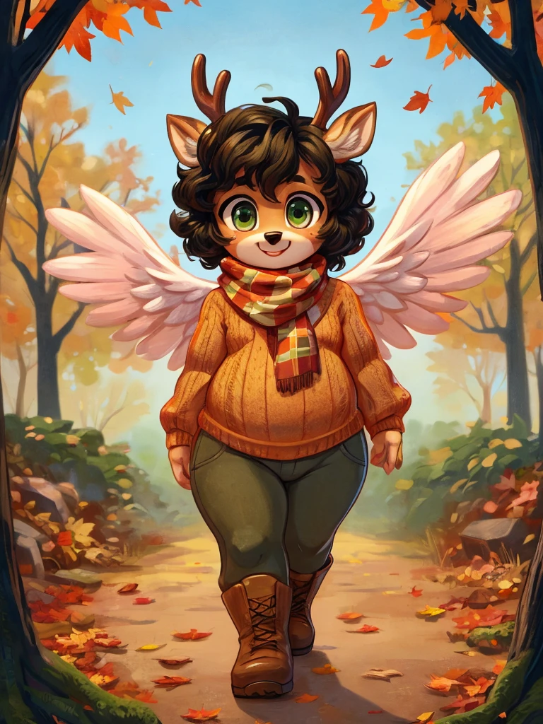 Cute, deer boy, small deer antlers, innocent, chubby, fat, big thighs, androgynous, femboy, short curly hair, black hair, fawn spots, freakles, ((cute)), smiling, wearing cottage core outfit, pastel color scheme, young, cartoony, adorable, deer tail, moss green eyes, angel wings,  wearing a chunky knit sweater in a warm, earthy tone like burnt orange or mustard yellow and high-waisted corduroy pants in a deep brown or olive green with ankle boots in a rich leather brown and a plaid scarf in complementary colors, dynamic pose, autumn, fallen leaves, autumn colors, walking through the woods during autumn, pumpkins, orange leaves,
