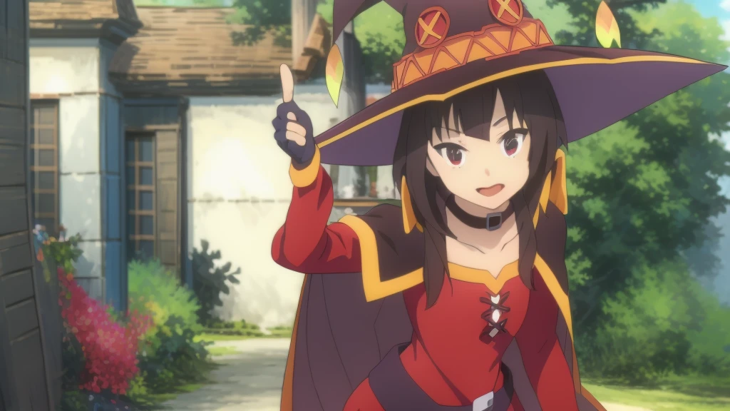 Megumin
Megumin, the main character of the anime "Konosuba", stands in a characteristic pose, dressed in her usual outfit. She looks straight at the viewer, her eyes wide and full of joy. Megumi smiles radiantly, showing her carelessness and friendliness. Her left arm is raised up and slightly bent at the elbow, palm turned forward. The right arm is lowered down and relaxed. The overall background of the image should be bright and colorful to emphasize the cheerfulness of the scene, Meisterwerk, best quality, fanart, drawing, digital drawing