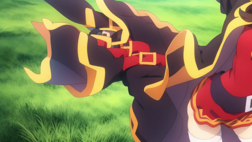 Megumin
Megumin, the main character of the anime "Konosuba", stands in a characteristic pose, dressed in her usual outfit. She looks straight at the viewer, her eyes wide and full of joy. Megumi smiles radiantly, showing her carelessness and friendliness. Her left arm is raised up and slightly bent at the elbow, palm turned forward. The right arm is lowered down and relaxed. The overall background of the image should be bright and colorful to emphasize the cheerfulness of the scene, Meisterwerk, best quality, fanart, drawing, digital drawing