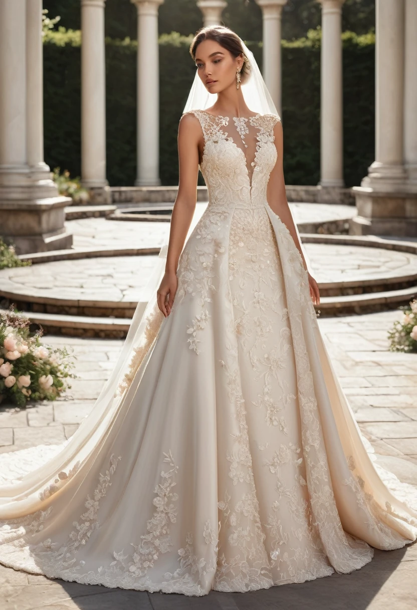 full-length ,wedding dress with plenty of details like 3D flowers, pearl beads, and fine lace. Using soft colors like ivory 