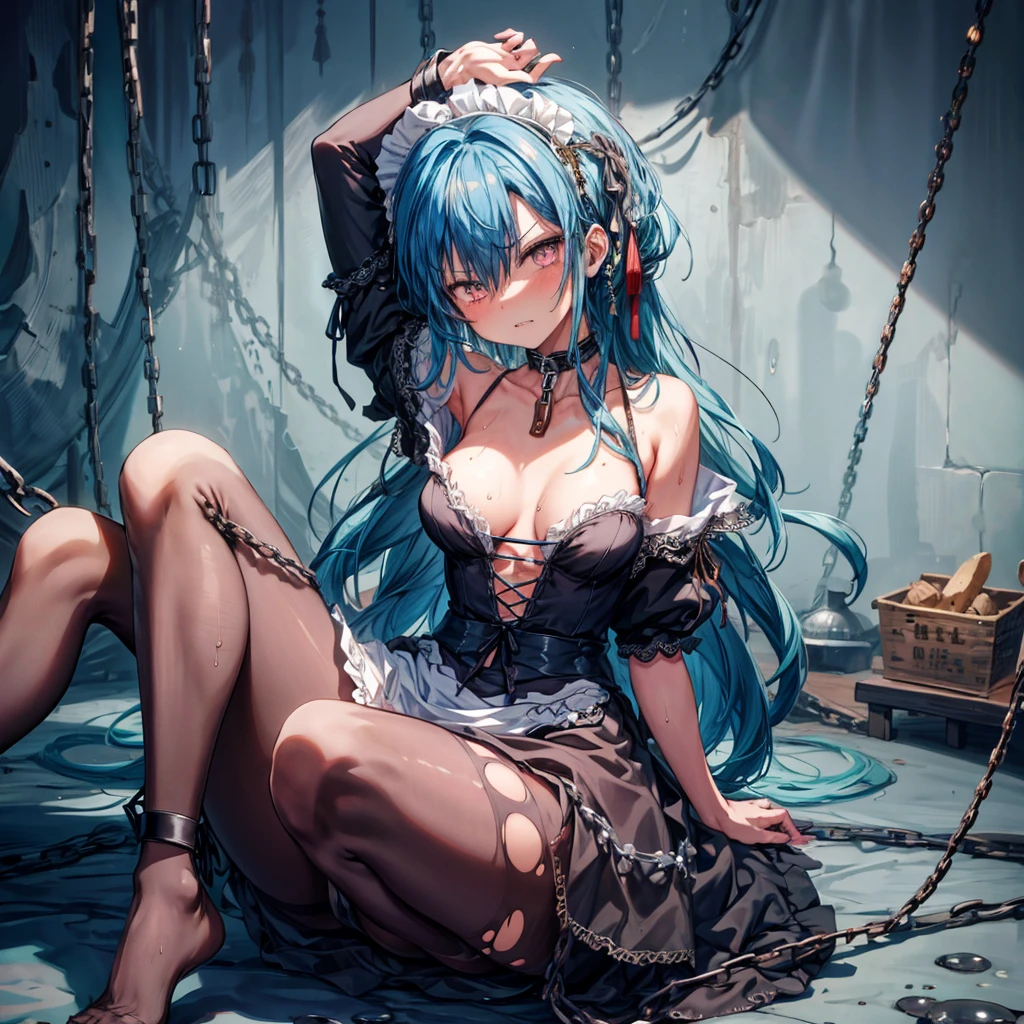 ((Highest quality)), ((masterpiece)), ((detailed)), a girl who is dressed as witch or maid with chains on her, 1girl, maid, 独奏, BDSM, bound, bondage, chain, maid headdress, long hair, breasts, blue hair, (angry), clenched teeth, blush, rope, (torn clothes), pantyhose, wet, torn dress, spread legs, feet up, restrained, arms behind back, large breasts, looking at viewer, prison