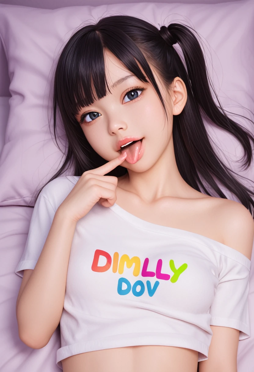 pastel colors colors t-shirt,off-shoulder look,bare shoulder,ollarbone,midriff peek,(open mouth:1.5),(tongue out:2),lying,finger to mouth,overhead shot,front view,face focus,(1girl,Beautiful 14 year old girl),((Slender,Small breasts,Small face,)),(looking at viewer),Black Hair,bangs,one side up,Beautiful and detailed,(Dimly lit room:1.5),White bed,pillow,Mischievous smile

