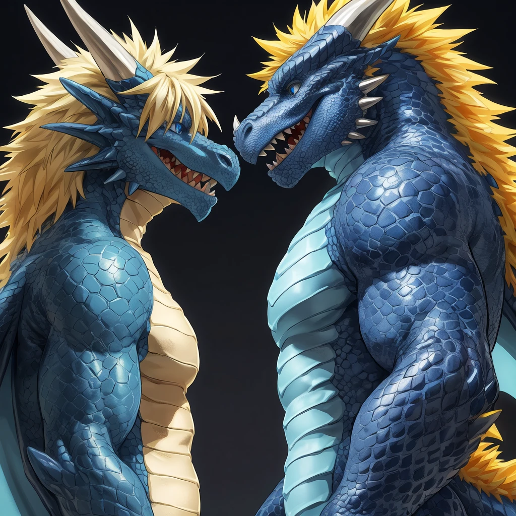duo: ( blue eyes dragon , dark blue and azure scales and white belly, yellow crest hair , skinny well built ,  profile, fulfilled face, kemono , high quality  , by rossciaco  ) ,  floating knees up