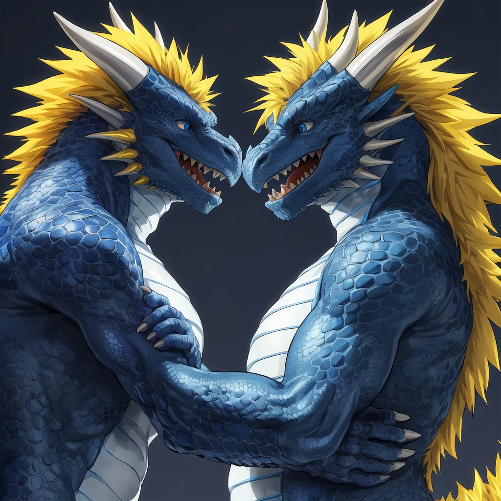 duo: ( blue eyes dragon , dark blue and azure scales and white belly, yellow crest hair , skinny well built , profile, fulfilled face, kemono , high quality , by rossciaco ) , floating knees up