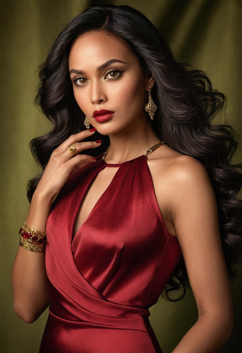 Hyperrealistic portrait of a woman known as "That's it". She has long hair, wavy and jet black, shining under the light. His eyes are big and green, with an intense and penetrating look. Her skin is a soft olive tone., flawless and radiant. Her lips are full and naturally red., contrasting with your skin. She wears a tight red silk dress that accentuates her curves, showing its elegance and sensuality. On his left wrist, a gold bracelet. Her nails are perfectly manicured and painted a deep red. Her eyes are lined with smoky makeup that highlights her look.. The background is neutral, to focus all attention on your figure and expression.