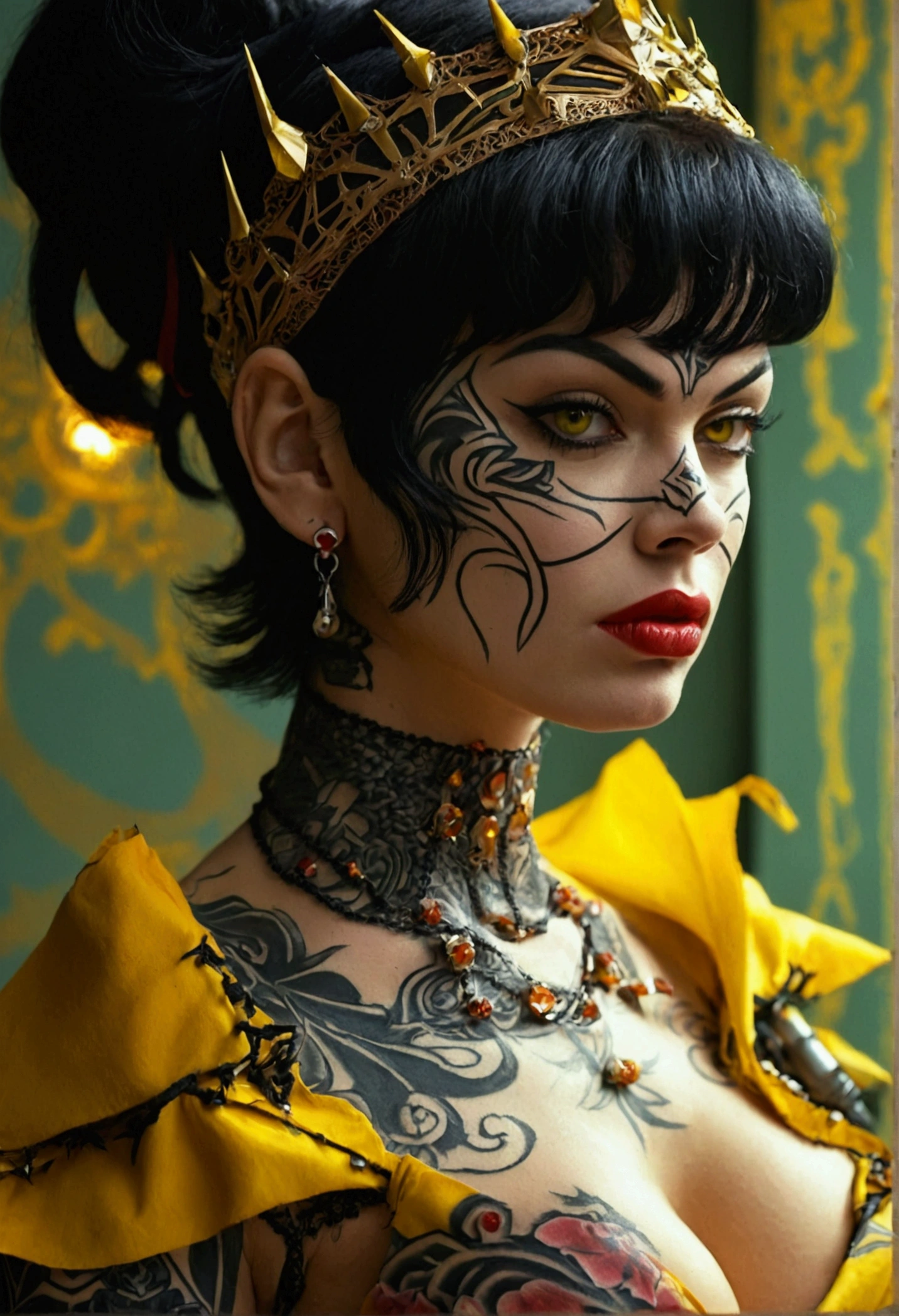 Jayne mansfield, age 25, dark sith warrior, evil tattoos, yellow eyes, cybernits, evil pose