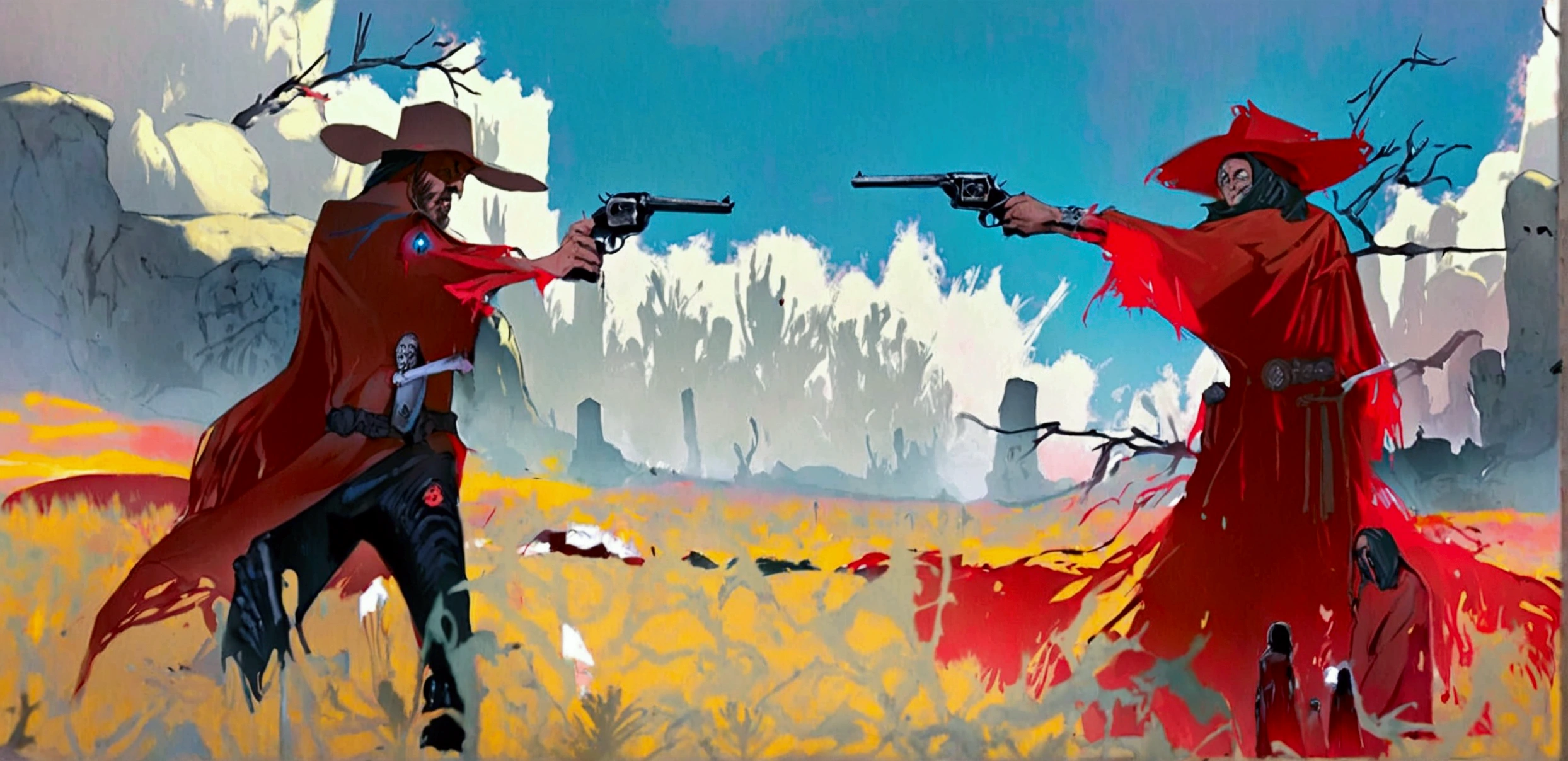 Two gunslingers dueling in the desert