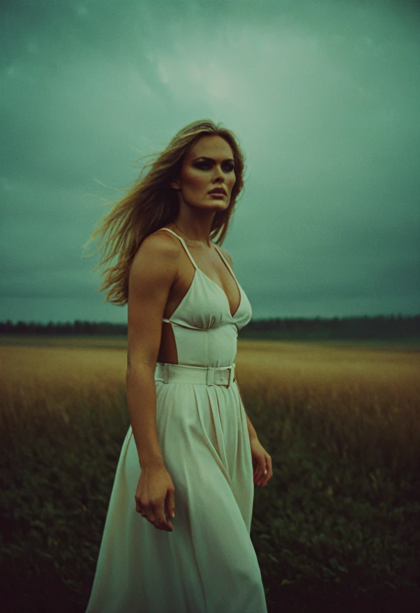 (michale kors analog photo by Guy Aroch:1.2), beautiful evil slavic muscular woman, pale skin, long hair, An evocative and moody depiction of full length view of wide angle shot of Ursula Andress at 23 years old as Kaitlyn [Into The Storm]