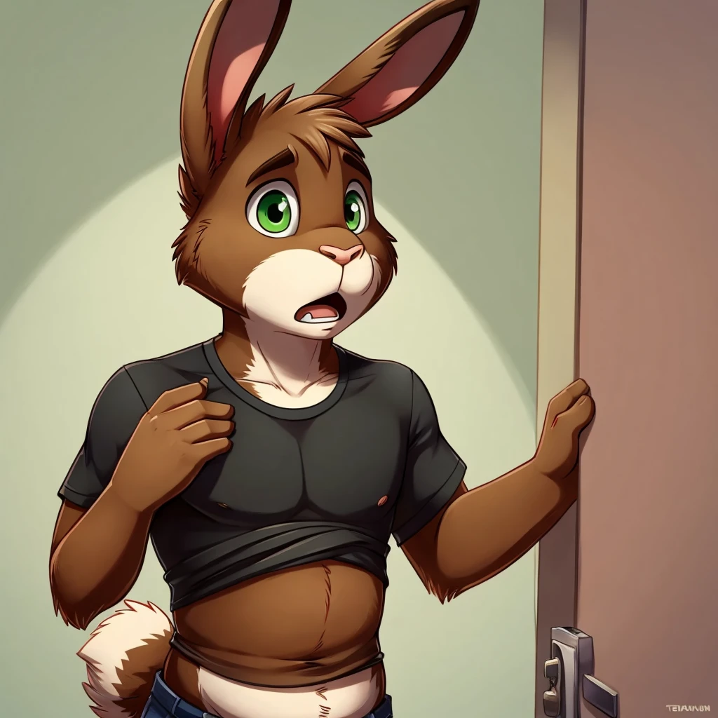 Anthropomorphic rabbit, tween, male, brown fur, green eyes, tight shirt, straining buttons, exposed belly, worried, surprised