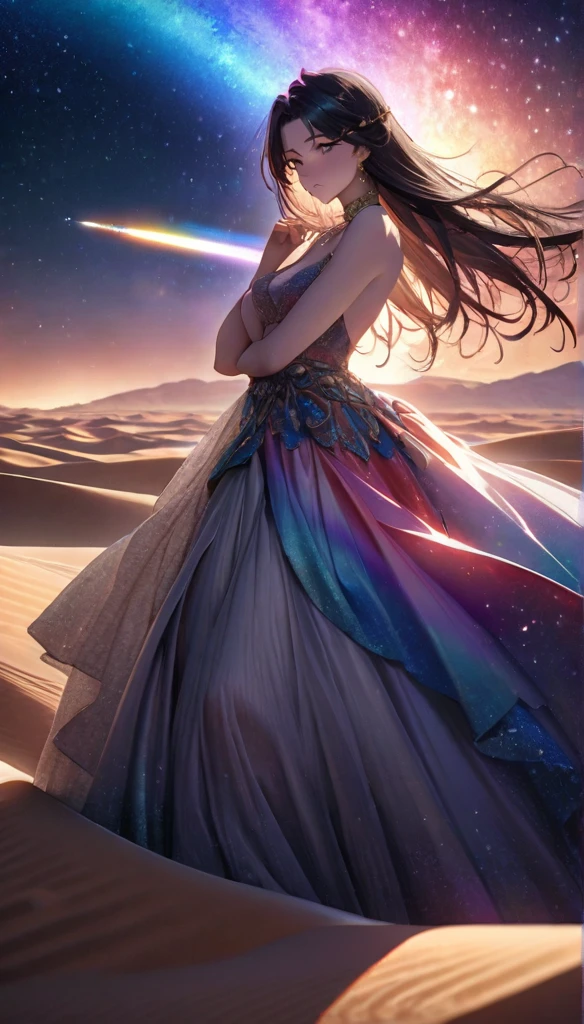 Highest quality, Highest quality, 16K, SFW, Unbelievably absurd, Very detailed, delicate and dynamic, Natural light, The particles reflect the colors of the rainbow, Diffuse reflection of light, Vortex of Light, There are many sandstorms, Beautiful desert, Colorful starry sky, Beautiful starry sky, milky way, shooting star, Moonlit Night, Sand Dunes, Create amazing image effects, upper body close-up, pyramid, (Cute sexy girl, firm chests, Sensual expression, Passionate, Hilarious, Vibrant, Arab royalty, Arabian Princess, Arabian Long Dress, Gorgeous Dress, Lavish décor, Dancing against the backdrop of a starry sky)