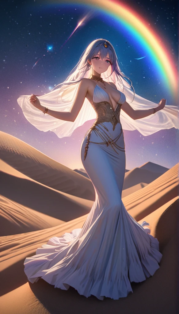 Highest quality, Highest quality, 16K, SFW, Unbelievably absurd, Very detailed, delicate and dynamic, Natural light, The particles reflect the colors of the rainbow, Diffuse reflection of light, Vortex of Light, There are many sandstorms, Beautiful desert, Colorful starry sky, Beautiful starry sky, milky way, shooting star, Moonlit Night, Sand Dunes, Create amazing image effects, upper body close-up, pyramid, (Cute y girl, firm chests, Sensual expression, Passionate, Hilarious, Vibrant, Arab royalty, Arabian Princess, Arabian Long Dress, Gorgeous Dress, Lavish décor, Dancing against the backdrop of a starry sky)