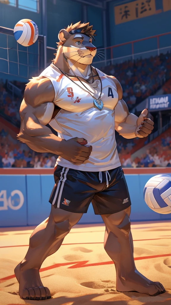 a male furry sea lion who is only wearing short shorts, has his body uncovered and is in a volleyball stadium as he is playing. He wears a necklace with a K pendant