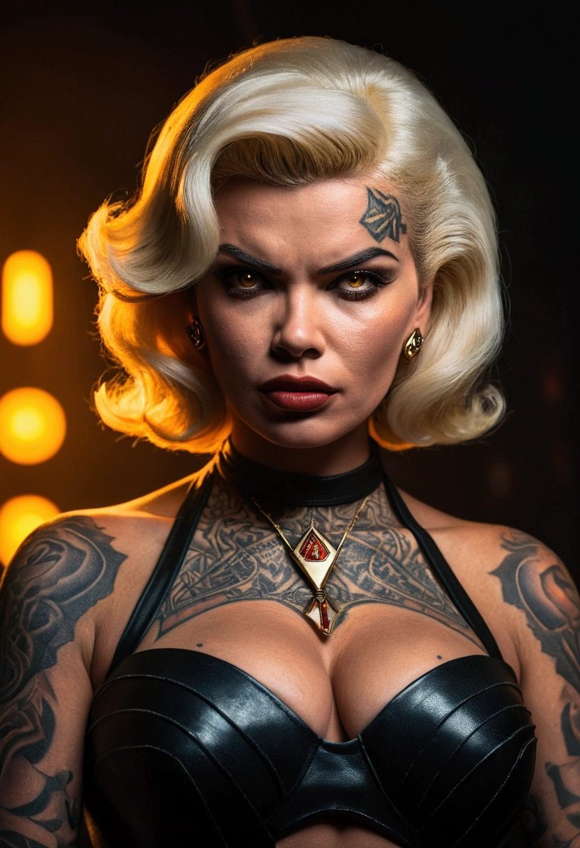 Jayne Mansfield, age 25, dark Sith warrior, evil tattoos, yellow eyes, cybernetics, evil pose, dramatic lighting, cinematic composition, moody atmosphere, dark fantasy, muted color palette, chiaroscuro, photorealistic, 8k, masterpiece