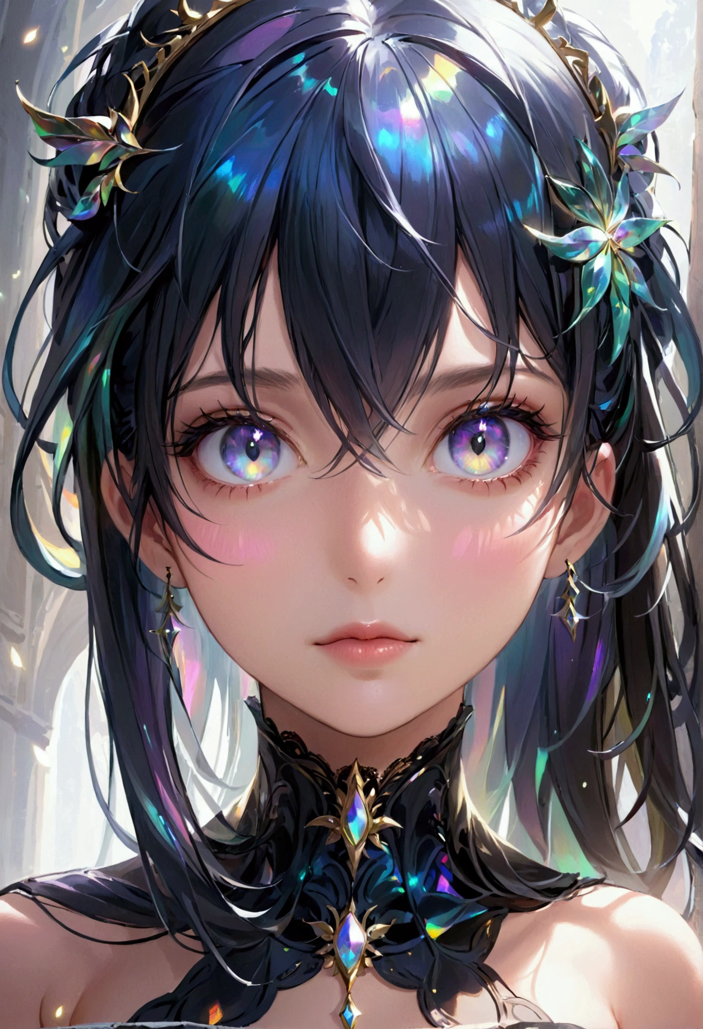 (masterpiece), best quality, expressive eyes, perfect face, Girl,long dark iridescent hair, iridescent eyes, small waist, small breast , large thighs,majestic outfit, majestic aura