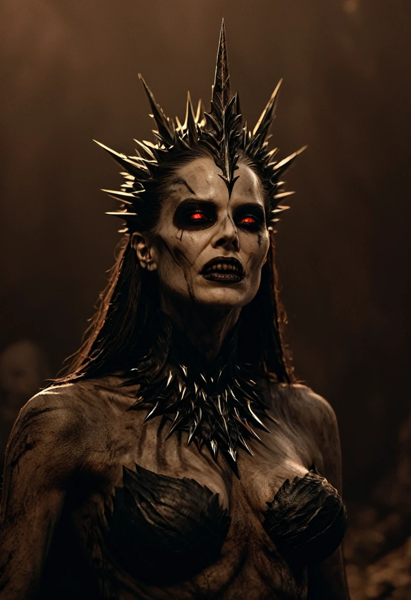 not emotional and cold Undead queen, spiked crown of hellfire, glowing red eyes, hyper-realistic, by Brom: Ultra-detailed of a corpse-pale queen. Elaborate crown of blackened metal spikes, each tip flickering with hellfire. Eyes blaze with intense red light, pupils like dying stars. Skin texture meticulously rendered, showing decay and otherworldly preservation. Dark, tattered royal garments with intricate, shadowy patterns. Background of smoldering brimstone and distant, tortured souls. Brom's signature style of gothic horror mixed with dark fantasy elements.(intricate details, hyperdetailed:1.15) (skin texture:1.2), cinematic, professional, 4k, (((dynamic model pose))),full body, mesmerizing, dynamic, dramatic, dynamic pose, highly detailed skin with hair, subcutaneous veins, light and shadow play, highly detailed,24mm photograph, bokeh, professional, 4k,