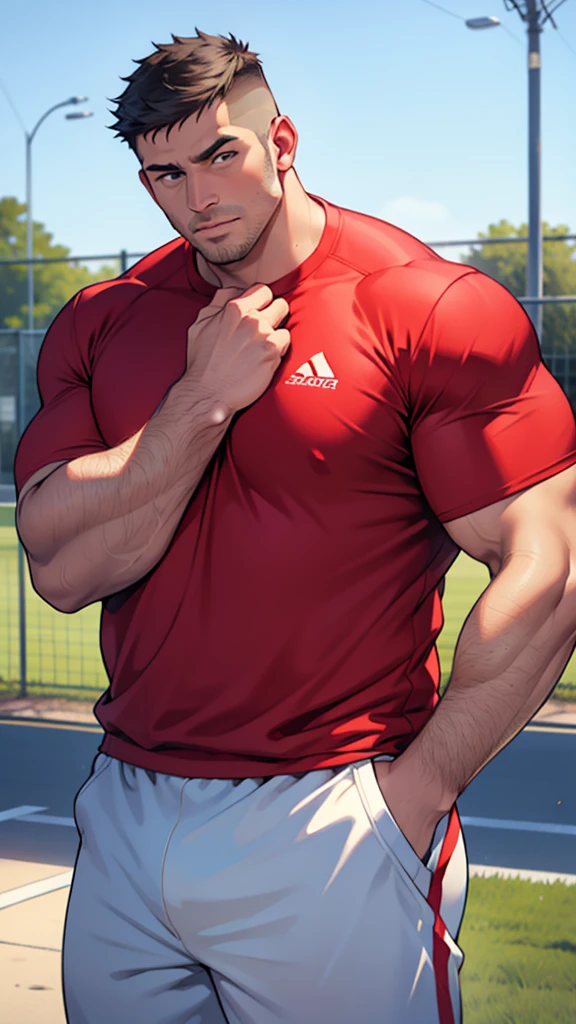 A man, fat, fat,physical education teacher,very short hair, wide shirt,Red jersey, masterpiece, highest quality