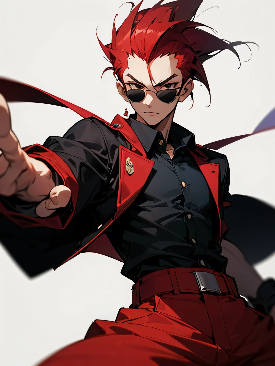 solo,upperbody,looking at viewer,1boy,18 years old,dark red soft mohawk hair,sunglasses,black baggy shirt,unbuttons,red jacket,baggy pants,arrogance,fighting stance,white simple background
