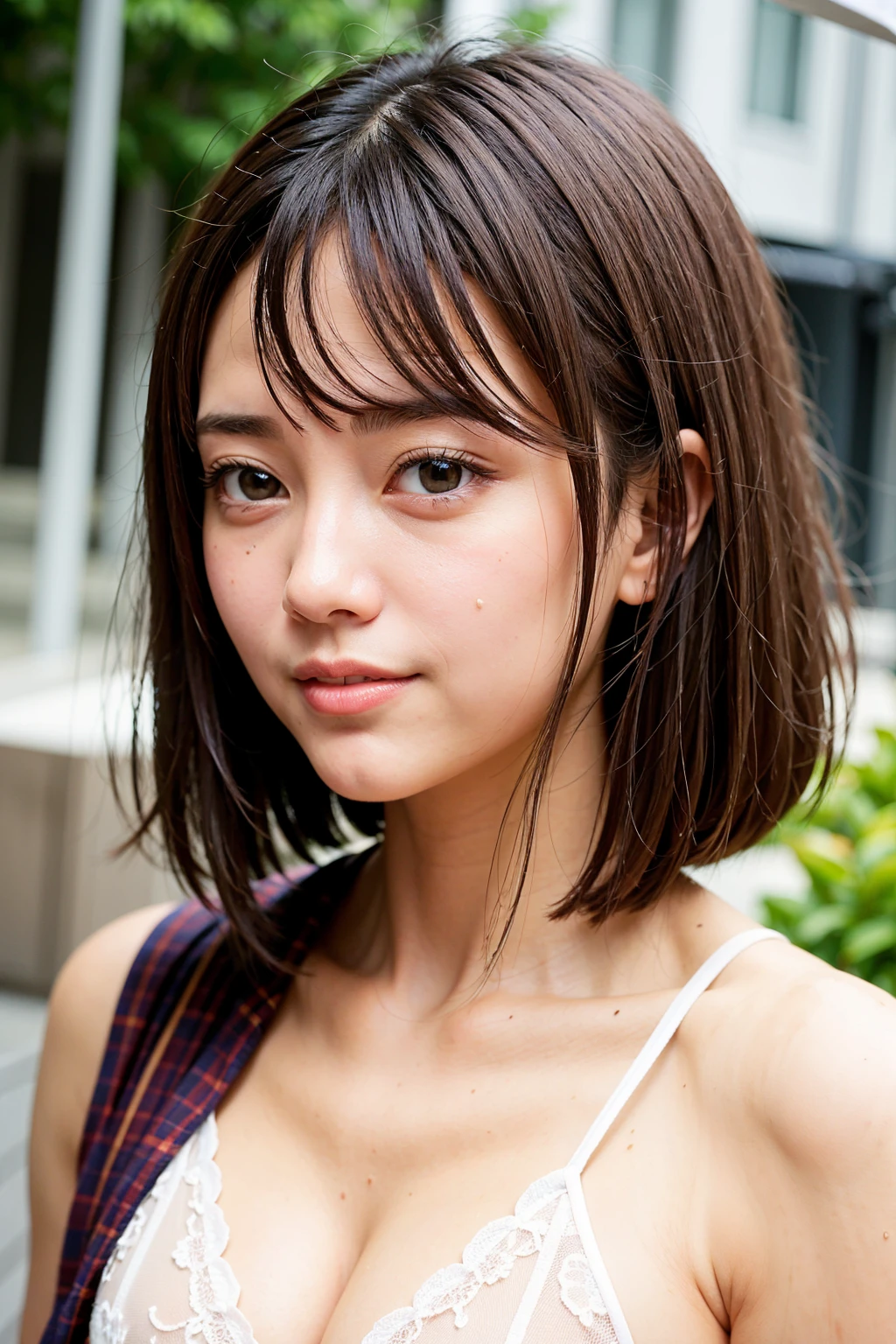 (((Definitely a shoulder-length, short, straight brown bob)))、(((She is posing like a hair salon model with a summer park in the background.)))、(((Random and cute street fashion)))、Close-up of face、Half Japanese, half Korean、18 year old girl、Standing Alone、Looking forward、Light eye makeup、Brown Hair Color、Flat and 、Hair blowing in the wind、Actress Quality、Glossy, ultra-realistic face、Smiling face、Watery eyes、Gazing Up、Subtle lighting effects、 Ultra-Realistic Capture、Very detailed、High resolution 16K close up of human skin。Skin texture must be natural、The details must be such that pores can be clearly seen、The skin is healthy、Uniform tone、Use natural light and colors、High quality images taken by a model agency&#39;s exclusive photographer、smile
