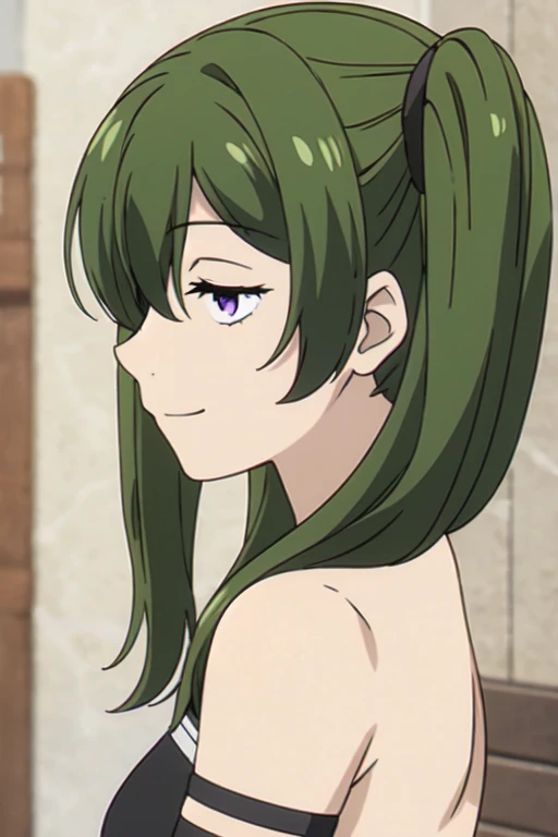 ((Best quality))),((Ultra-detailed)),((illustration)),((Disheveled hair)),((frilld)),(1 girl),(Solo),
1girl, bangs, closed mouth, eyebrows visible through hair, green hair, half-closed eyes, long hair, looking at viewer, looking back, profile, purple eyes, smile, solo, upper body, from side，Right side ponytail,