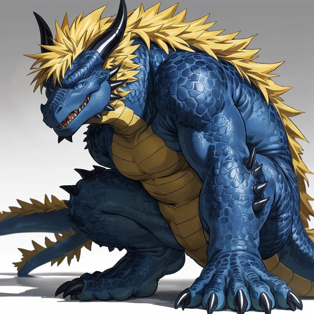 ( blue eyes dragon , dark blue and azure scales and white belly, yellow crest hair , skinny well built , profile, fulfilled face, kemono , high quality , by rossciaco ) , floating knees full body , four toes feet