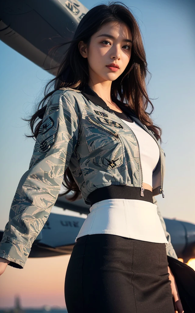 (best quality, 8K, 32k, masterpiece, Ultra HD:1.2), (Practical:1.5), (masterpiece, Highly detailed CG Unity 8K wallpaper, best quality, high resolution:1.2), (Very detailed, Ultra HD:1.2), Photo of extremely cute and beautiful Japanese Miss, (Maroon with long wavy hair:1.2), aldult,(full-body shot) (Detail of beautiful girl:1.4), best quality, Miss, aldult, (U.S. Air Force pilot details:1.5), (Professional bomber sexy jacket:1.3), (White high waist pencil skirt:1.3), (Beautiful sunset US air force base military aircraft take off background:1.2), Laugh shyly:1, Looking at the audience, For the audience, ((Perfect Miss'body of)), (Tight waist:1.2), (Image of the entire body from the knees up:1.3), Thin, Abdominal muscles, (Beautiful breasts:1.25), Assembling the head, wind, Dynamic poses, light, Backlight, Beautifully dressed, Perfect anatomical structure, Perfect proportion, Detailed human body, Fashion model posing,Soft expression、Smile