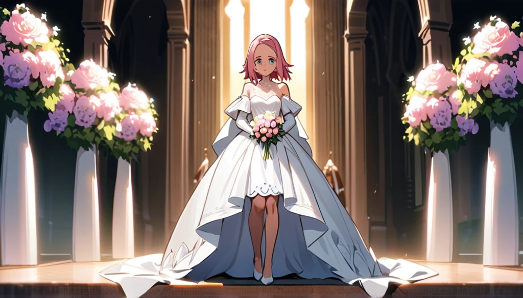 sakura haruno, ((standing alone)), standing alone, bride, usando um vestido de bride branco, Queen, glad, ((forehead to show)), standing, entering the church, pink  hair, shorth hair, dainty, Youngh, shorth hair, face detailed, High definition, ((whole body)), (flowers around you), whole body, she is a comely woman getting married, high quality face, comely, Radiant
