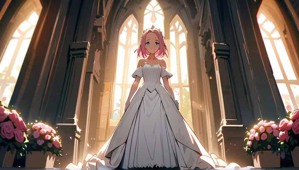sakura haruno, ((standing alone)), standing alone, bride, usando um vestido de bride branco, Queen, glad, ((forehead to show)), standing, entering the church, pink hair, shorth hair, dainty, Youngh, shorth hair, face detailed, High definition, ((whole body)), (flowers around you), whole body, she is a comely woman getting married, high quality face, comely, Radiant