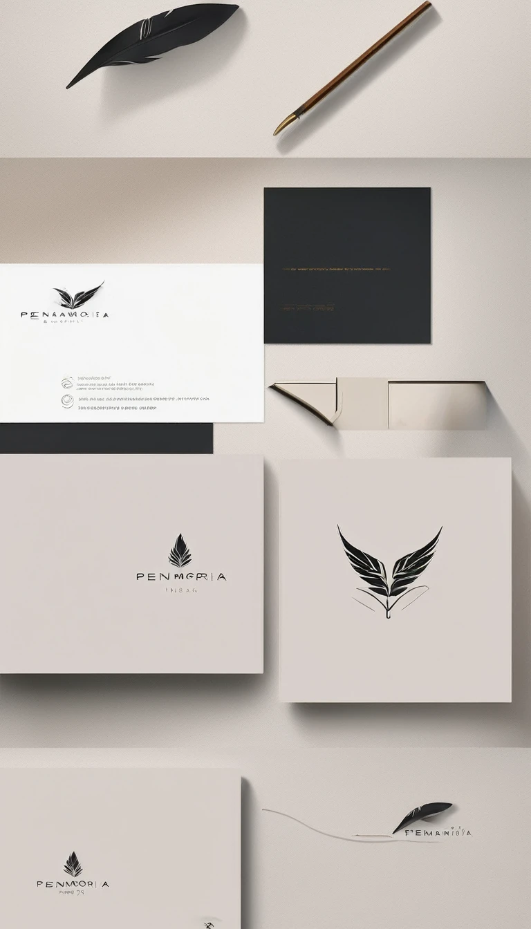 A minimal, modern, simple, cinematic logo design for the brand “Penamemoria". Create a modern, minimalistic, high-quality, logo of a bird feather