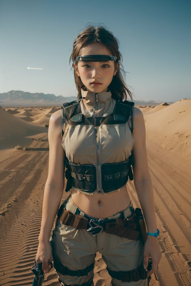 (1girl), ((desert combat outfit, holding weapon, tactical goggles, bullet vest, Fully clothed:1.4)), ((small Breasts, rounded breasts:1.3)), ((accentuated breast, large pelvic, wide hip, midriff, narrow waist, curvy waist:1.2)), ((slim, skinny waist, slender, skinny stomach:1.2)), modern hairstyle, colour streaked hair, hair highlights, ((smug face)), ((tattoo:1.1)),
masterpiece, best quality, realistic, ultra highres, depth of field, (full dual colour neon lighting:1.2), (detailed face:1.2), (detailed eyes:1.2), (detailed background:1.2), (desert, action sequences, cinematic lighting, desert storm:1.2) (masterpiece:1.2), (ultra detailed), (best quality), intricate, comprehensive cinematic, magical photography, (gradients), colorful, detailed landscape, visual key, shiny skin,