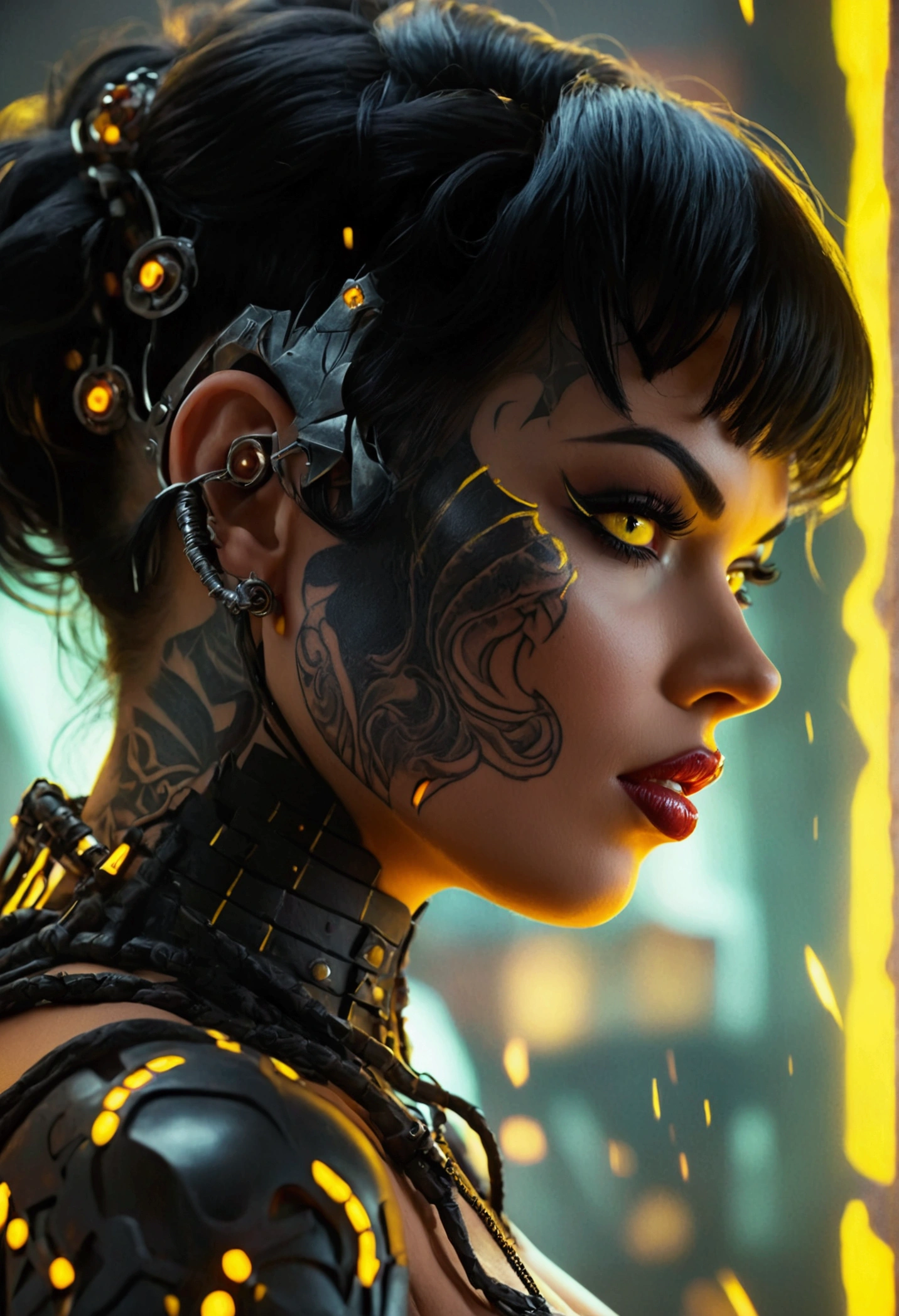 Jayne Mansfield, age 25, dark Sith warrior, evil tattoos, yellow eyes, cybernetics, evil pose, dramatic lighting, cinematic composition, moody atmosphere, dark fantasy, muted color palette, chiaroscuro, photorealistic, 8k, masterpiece